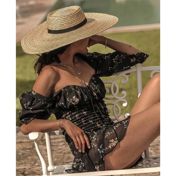 For Love & Lemons Medium Revolve Dixon Black Floral Chiffon Smocked Mini Dress - Picture 3 of 11